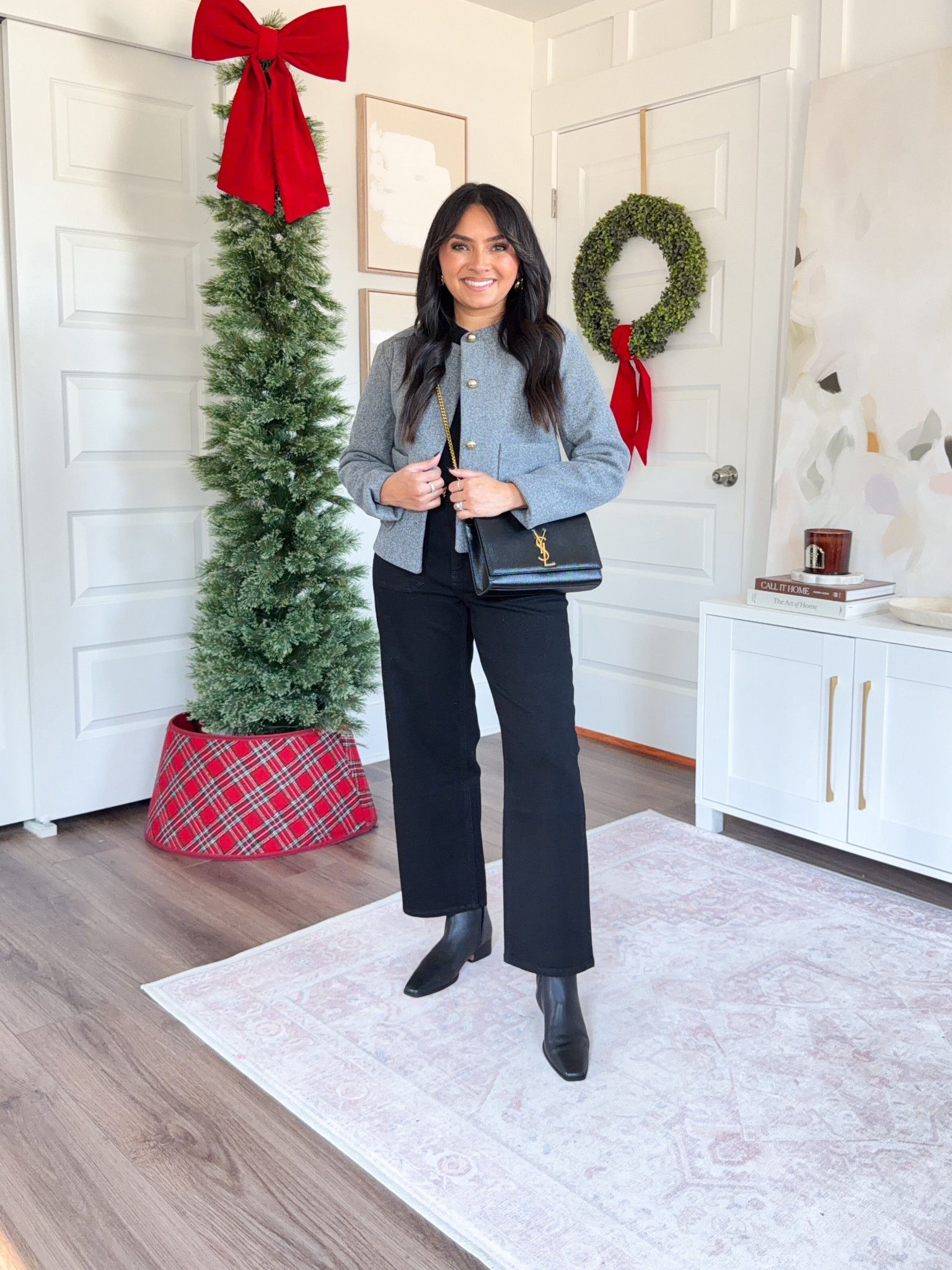 Gray boucle lady jacket size xs TTS
Black sweater - similar linked
Black patch pocket wide leg pants size 26, 26” inseam TTS
Black boots size 5.5 TTS


#LTKFindsUnder50 #LTKFindsUnder100 #LTKPetite