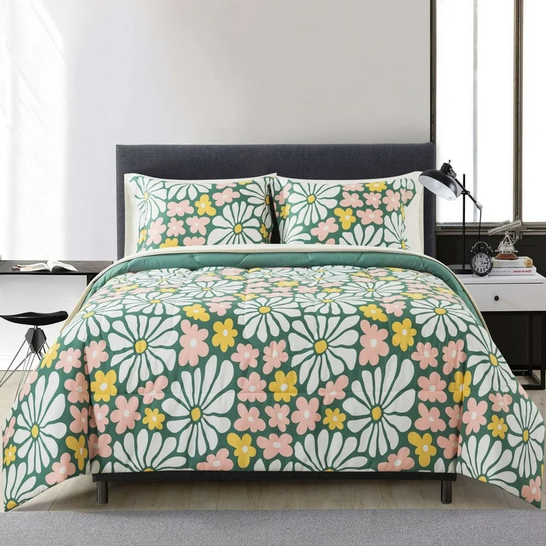 Mainstays Retro Floral 7-Piece Reversible Bed in a Bag Comforter Set with Sheets, Queen | Walmart (US)