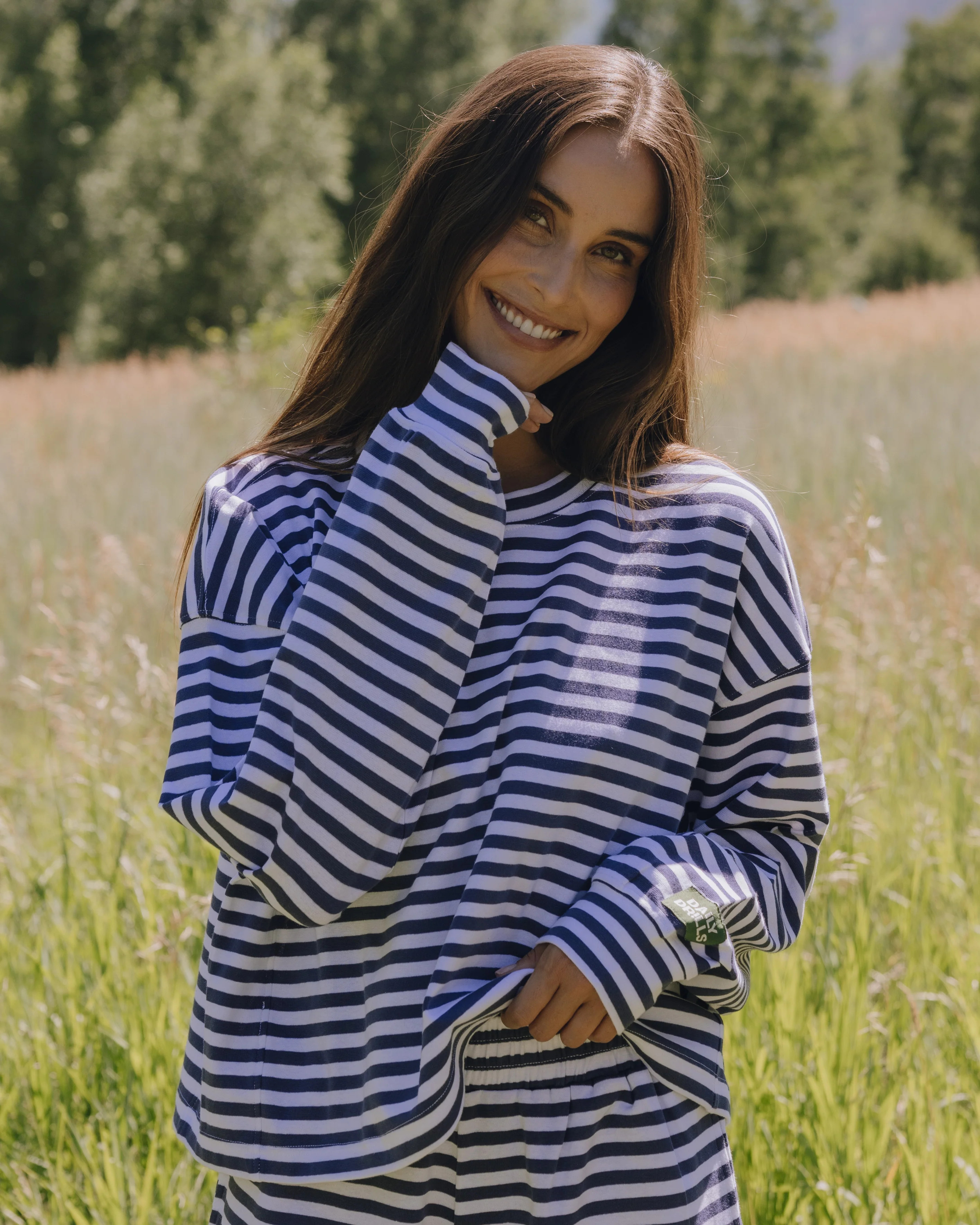 Striped Cotton Long Sleeve - Navy + White Stripe | Daily Drills