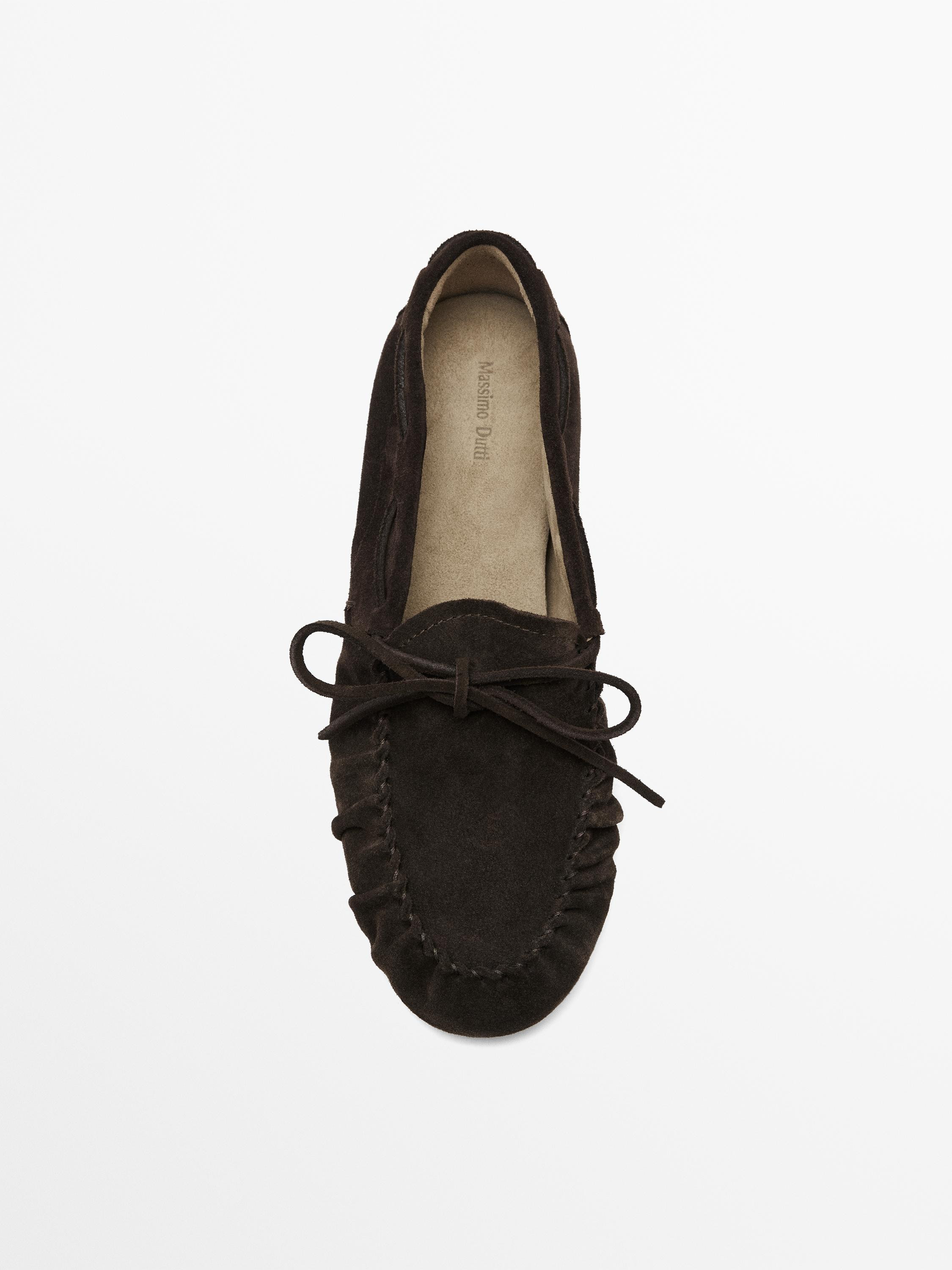 Split leather loafers with gathered bow | Massimo Dutti UK