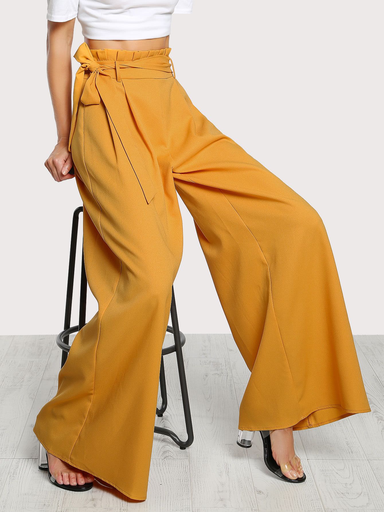 Frill Waist Belted Palazzo Pants | ROMWE