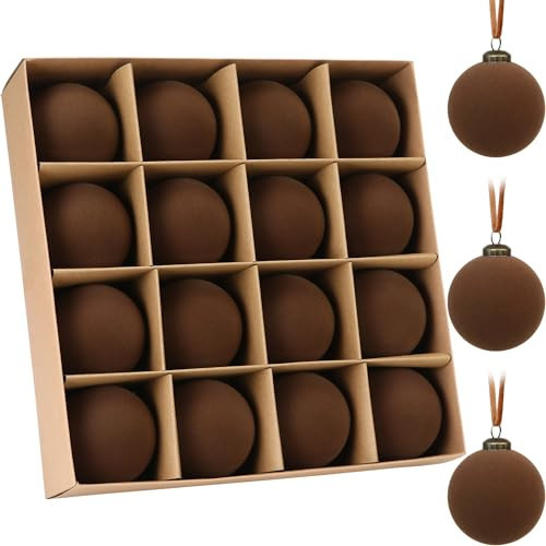Sea Team 16-Pack Flocked Velvet Christmas Tree Ball Ornaments Set, Hanging Velour Baubles, Shatterproof Plastic Decorations for Xmas Tree, Wreath, Garland, 80mm/3.15 Inches, Brown | Amazon (US)