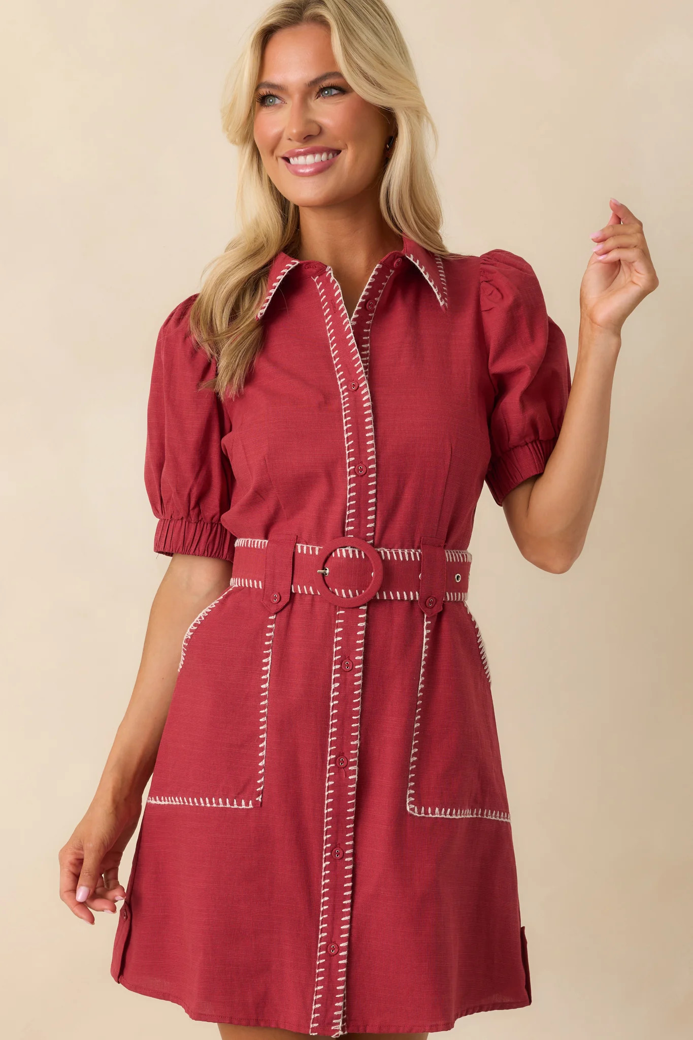 Heard It Before Burgundy Cotton Belted Mini Shirt Dress | Red Dress
