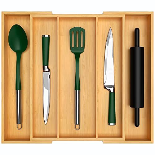 Luxury Bamboo Kitchen Drawer Organizer - Expandable Utensil Organizer for Drawer - Utensil and Silve | Amazon (US)