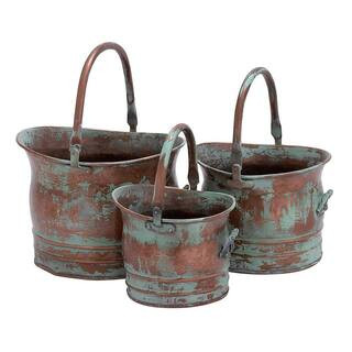 Benzara Green Tinged Metal Bucket Planter with Handles (Set of 3) BM01164 - The Home Depot | The Home Depot