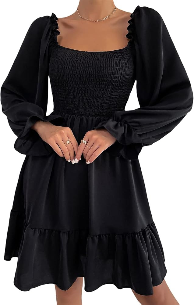MakeMeChic Women's Long Flounce Sleeve Mini A Line Dress Shirred Ruffle Square Neck Short Dresses | Amazon (US)