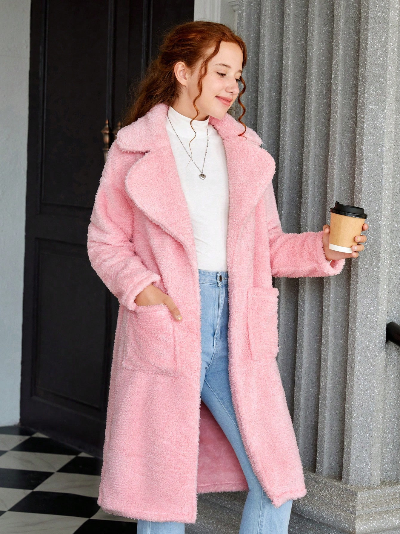 Teen Girl Lapel Neck Dual Pocket Teddy Coat | SHEIN