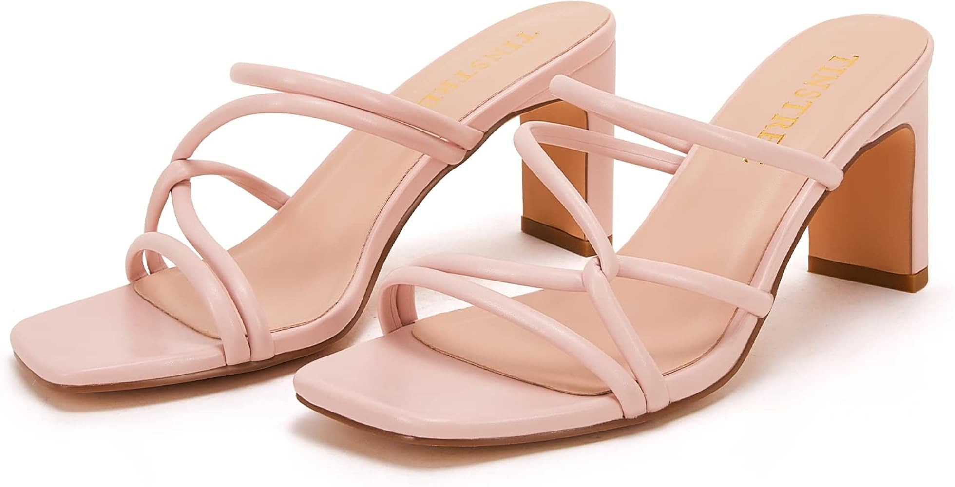 TINSTREE Strappy Heels Sandals for Women Square Toe Open Toe Heels Women's Slip On Chunky Heeled San | Amazon (US)