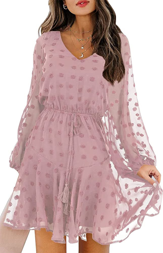 KIRUNDO Women's Long Sleeves V Neck Flowy Swiss Dot High Waist Chiffon Casual Mini Dress with Bel... | Amazon (US)