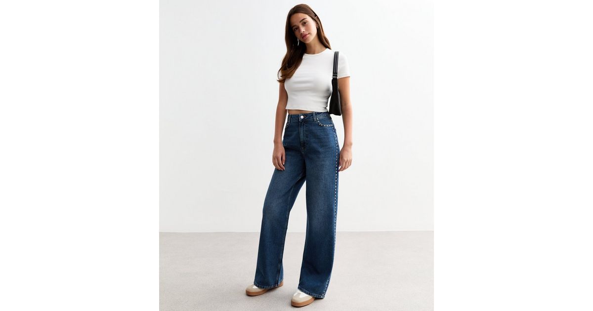 Blue Studded Wide Leg Jeans  | New Look | New Look (UK)