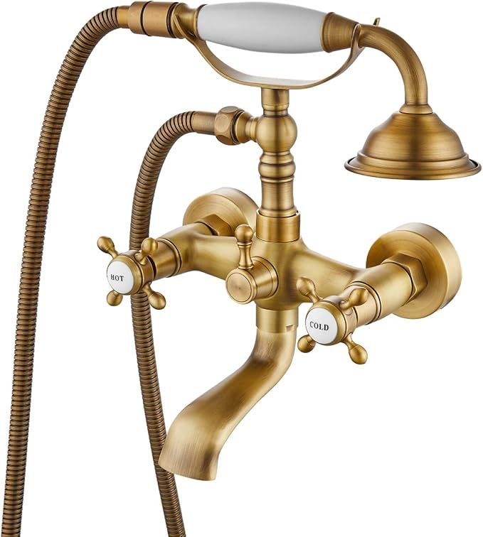 Airuida Antique Brass Wall Mount Bathtub Faucet with Handheld Shower Sprayer Double Cross Handles... | Amazon (US)