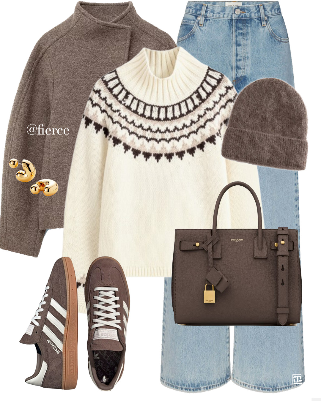 cream fair isle jumper taupe beige mole wool jacket blue jeans taupe beige adidas spezial sneakers mohair beanie hat ysl brown sac de jour bag casual comfy outfit city break Christmas markets coffee break shopping 

 #LTKautumn 

#LTKuk #LTKwinter
