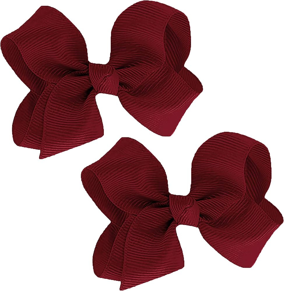 WD2U Baby Girls Set of 2 Small Grosgrain 3" Pigtail Hair Bows Alligator Clips Burgundy Red | Amazon (US)