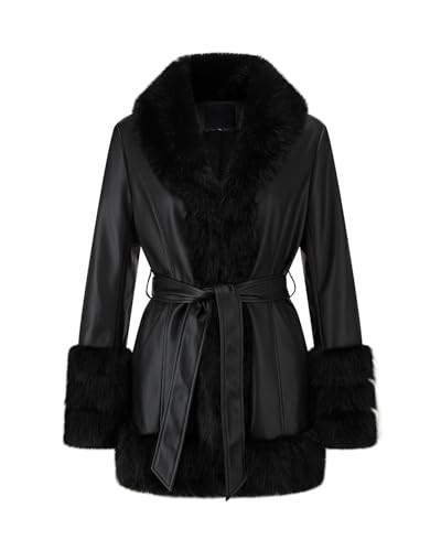 WYOYW Women Faux Fur Leather Jacket Fur Collar Coat Fur Lined Winter Warm Parka With Belt Black S | Amazon (US)