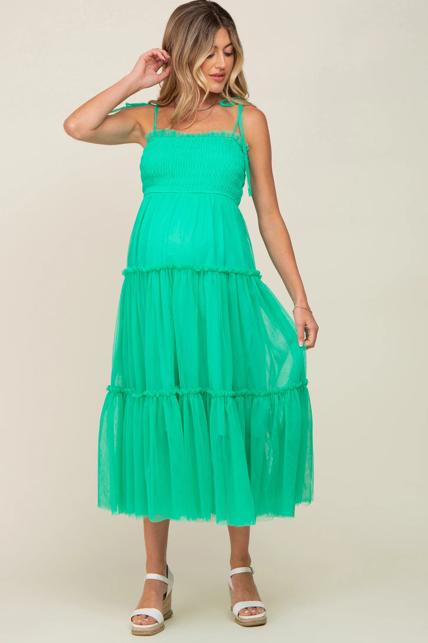 Mint Green Smocked Mesh Maternity Midi Dress | PinkBlush Maternity