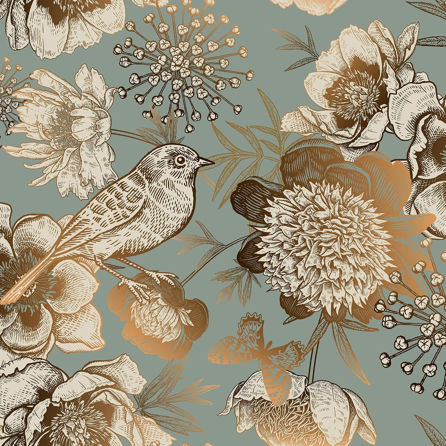 ReWallpaper Vintage Gold Floral Wallpaper Garden Bird Flower Peel and Stick Wallpaper for Bedroom Accent Wall 17.5in X 10ft Dark Cyan Teal Contact Paper for Cabinets Peel & Stick Vinyl Wall Paper | Amazon (US)