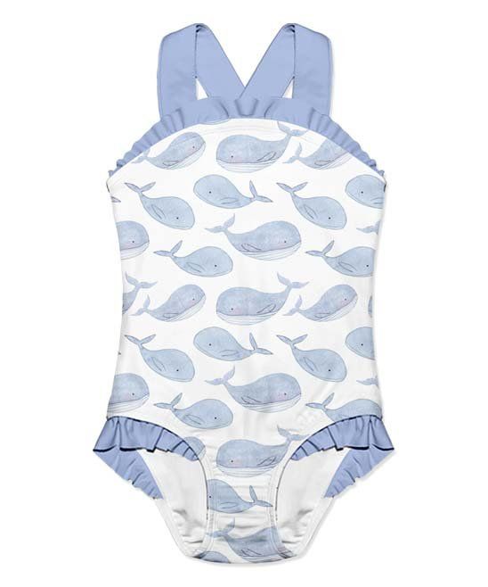 White & Periwinkle Whales Ruffle-Accent Strap One-Piece - Infant, Toddler & Girls | Zulily