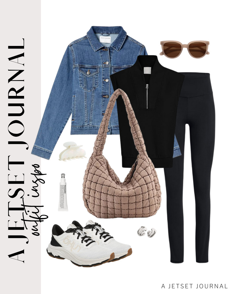 A black half-zip top from Glamaker also goes well with SINOPHANT leggings and a denim jacket! We love using this VAKAER puffer tote bag and SOJOS polarized sunglasses for this fit. 

 #LTKSeasonal #LTKSaleAlert #LTKTravel