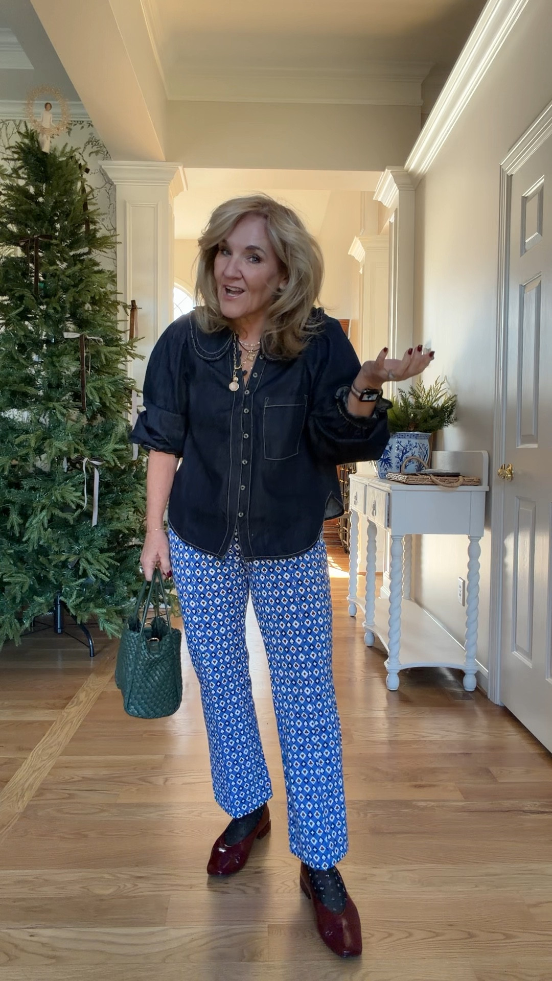 Denim top size medium regular. The sleeves are a little long, but nothing I can’t work with.
Pants are a ponte knit. They feel like wearing leggings. I’m wearing a medium regular. So they are a cropped length, but on me a full length.
Love this purse. Available in other colors. Necklace stack makes a great gift! 
Shoes are true to size and I love them  