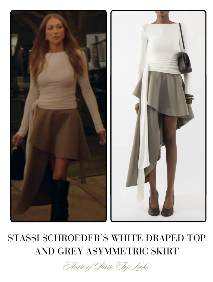 Stassi Schroeder's White Draped Top and Grey Asymmetric Skirt is by Arakii // Shop Similar 

 