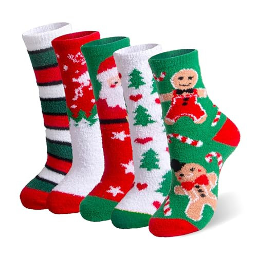 spxkd Christmas Fuzzy Socks for Women 5 Pairs Winter Warm Cosy Holiday Slipper Socks Xmas Gifts for Women | Amazon (US)