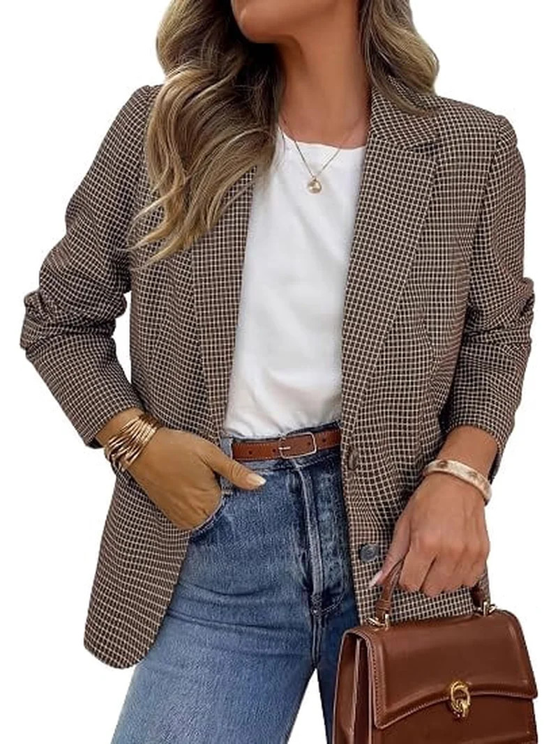 PRETTYGARDEN Fall Blazers for Women Business Casual | Long Sleeve Plaid Houndstooth, Notch Lapel ... | Walmart (US)