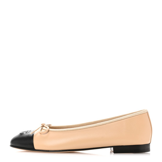 Lambskin Cap Toe CC Ballerina Flats 38.5 Beige Black | FASHIONPHILE (US)