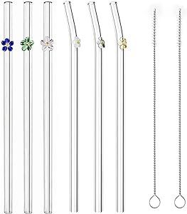 6PCS Reusable Glass Straw Flower Design Glass Straw,Colorful Straws Cocktails Bar Accessories Cle... | Amazon (US)