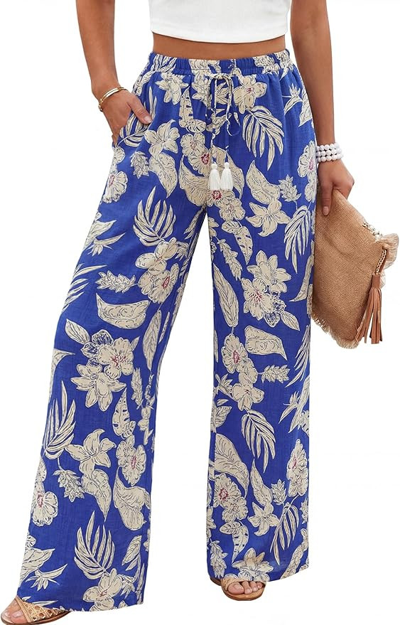 LOOKBOHO Women's Wide Leg Lounge Pants with Pockets Lightweight High Waisted Adjustable Tie Knot ... | Amazon (US)