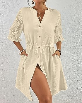 Bsubseach Swimsuit Coverup for Women Button Down Bathing Suit Cover Up with Pocket Drawstring Bik... | Amazon (US)