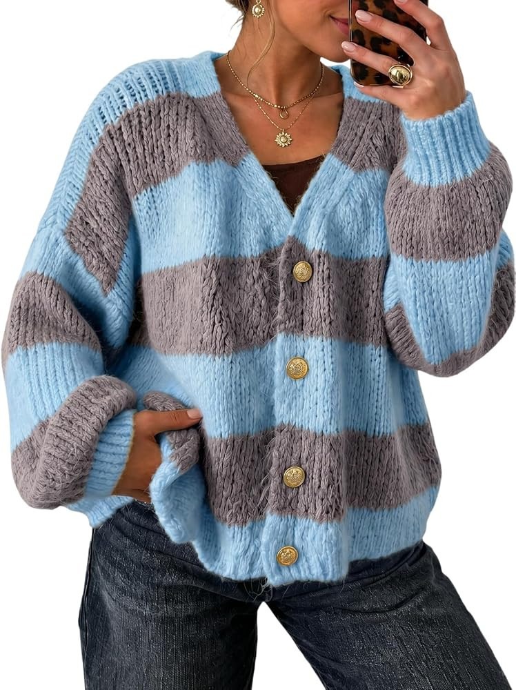 Fisoew Womens Striped Open Front Cardigan Sweaters V Neck Button Up Long Sleeve Color Block Knit ... | Amazon (US)