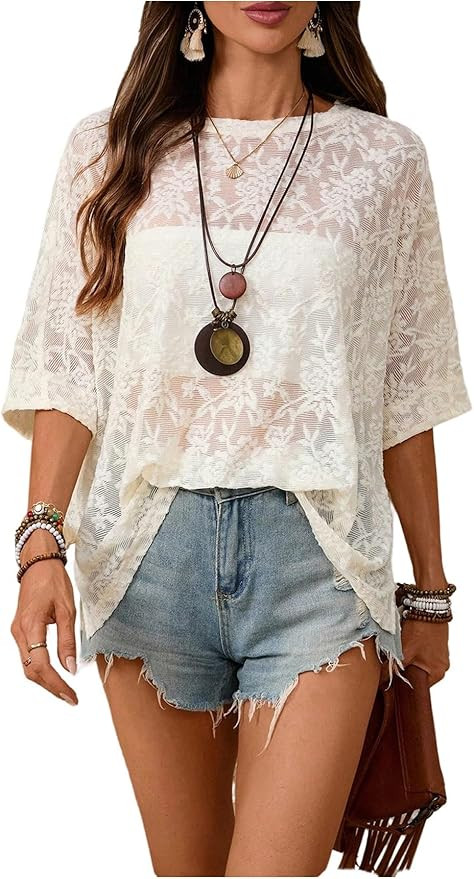 SOLY HUX Women's Floral Mesh Tops Short Sleeve Crew Neck See Through T Shirts Vacation Festival O... | Amazon (US)