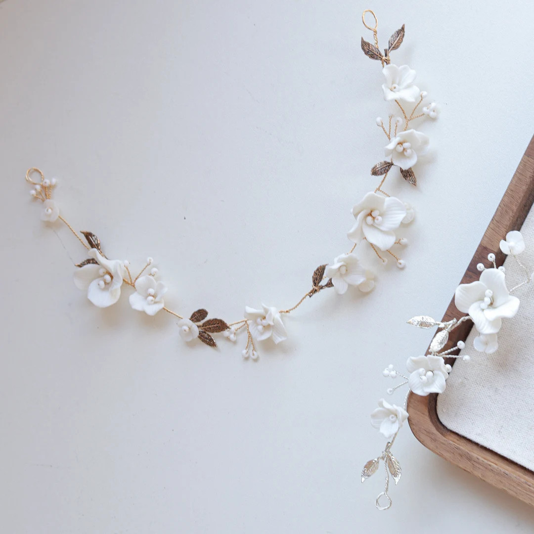 Hair Vine Clay White Flowers Bridal Hair Vine Sliver Leaf Wreath Wedding Hair Vine Bridal Hairpie... | Etsy (US)