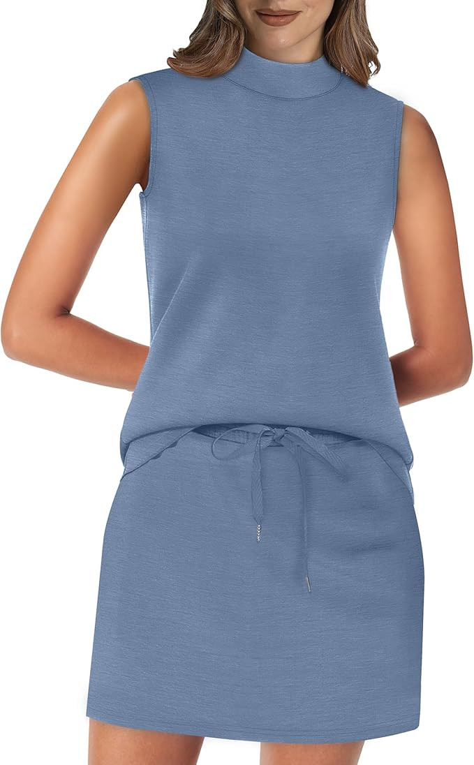 XIEERDUO Two Piece Skirt Sets for Women Summer Beach Vacation Outfits Mock Neck Tops Tennis Skirt... | Amazon (US)