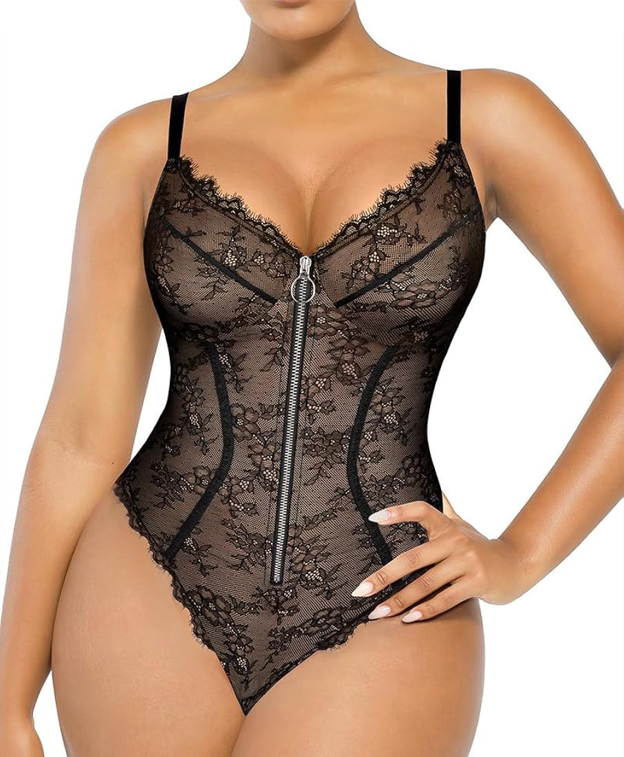 SHAPELLX Lace Bodysuit for Women Tummy Control Shapewear Bodysuit for Women Thong V Neck Sleevele... | Amazon (US)
