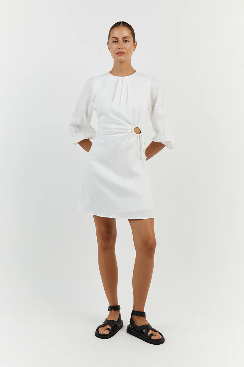 BEAU WHITE LINEN SLEEVED MINI DRESS | DISSH