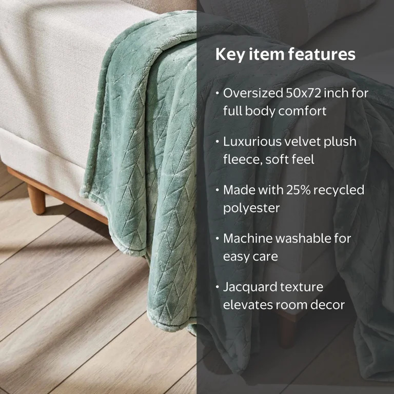 Better Homes & Gardens Textured Velvet Plush Soft Fleece Throw Blanket, Oversized, Green River | Walmart (US)