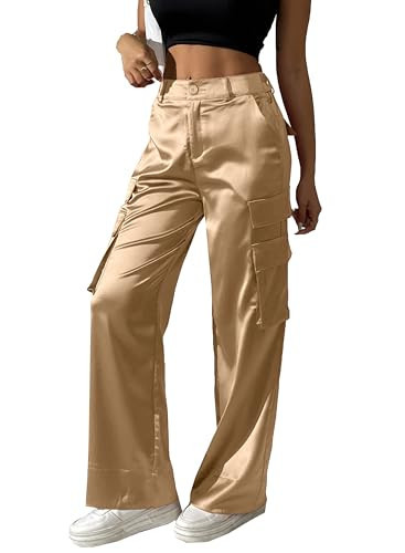 Women's Satin Cargo Wide Leg Pants Silky Party Dressy Casual Pocketed Pant Long Trouser Gold | Amazon (US)
