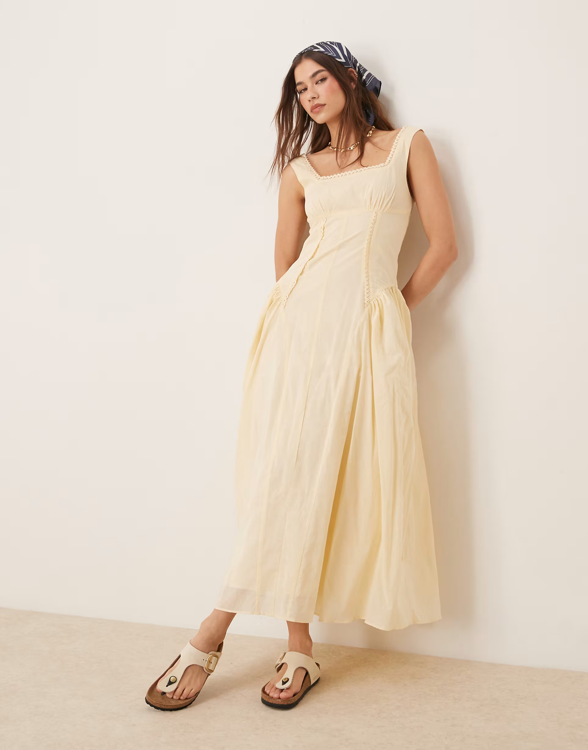 ASOS DESIGN prairie square neck maxi dress with dropped waist in buttermilk | ASOS (Global)