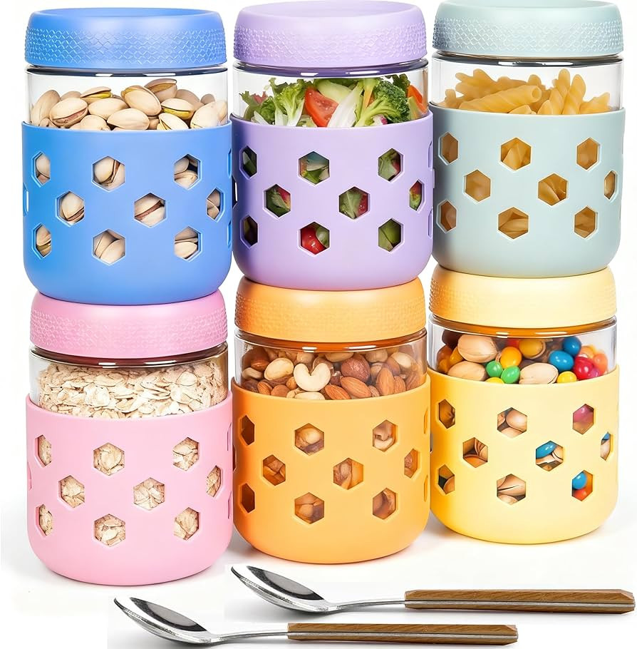 6-Pack 16 oz Overnight Oats Jars with Lids & Silicone Sleeves - Airtight Glass Mason Jars, Food S... | Amazon (US)