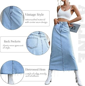 MISS MOLY Women's Maxi Long Denim Skirts High Waist Frayed Raw Hem Split A line Flare Jean Skirt ... | Amazon (US)