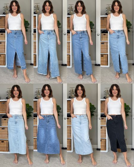 Denim skirt roundup! I’m 5’ 7” size S/4/27
Top from left:
1. Yoga jeans (can’t link)
2. Anthropologie: size 4, cotton/lyocell blend
3. Dynamite: size S, 100% cotton
4. Mango: size S, 100% cotton
Bottom row, from left:
5. Simons: size S, 100% cotton
6. Amazon: size S, cotton/viscose/spandex blend
7. H&M: size S, 100% cotton
8. Homemade from a pair of straight leg Old Navy jeans
Also linked my cropped tank and several similar long denim skirts 

#LTKFind #LTKSeasonal #LTKstyletip