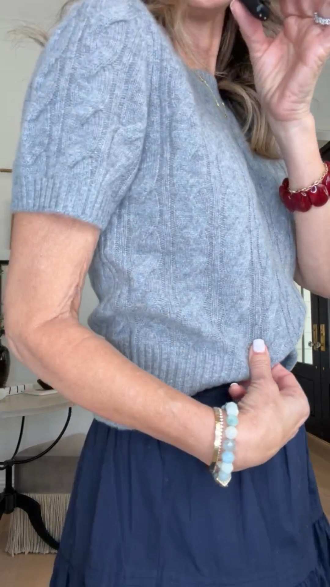 I’m 5’6’’ styling this cotton navy skirt for you several ways! Such a great versatile piece to 
bring with you into the fall.
-Navy cotton skirt size XS
-White Oxford button down size XS
-Square neck linen top size S
-Navy sweater vest size XS
-White cable knit cotton sweater size S
-Gray cashmere cable knit sweater size S
-White short sleeved tee size XS
-Brown cashmere off the shoulder top size S
@Quince   #QuincePartner

#LTKdayinmylife #LTKSeasonal #LTKOver40