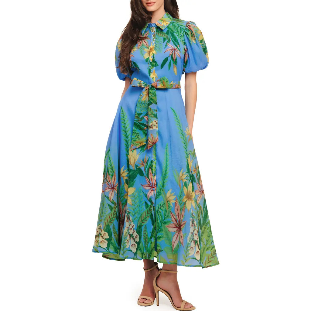 FLYING TOMATO Floral Midi Shirtdress in Blue at Nordstrom, Size Small | Nordstrom