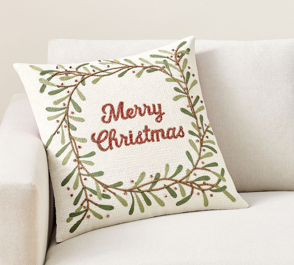 Merry Christmas Wreath Embroidered Pillow Cover, Ivory Multi, 20 | Pottery Barn (US)