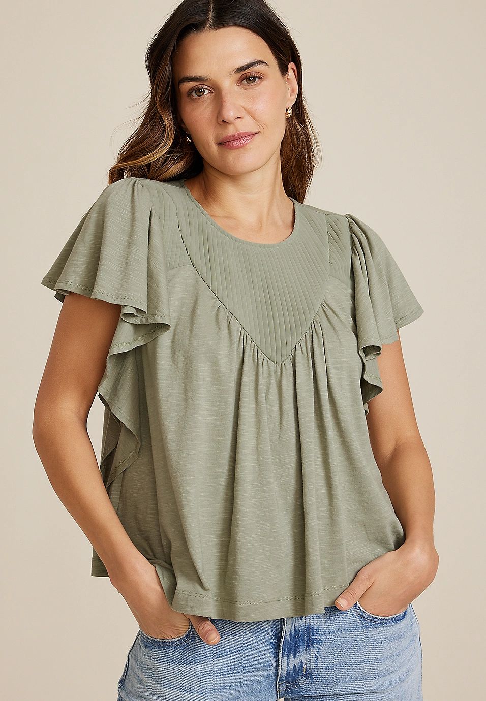 Mixed Knit Flutter Sleeve Blouse | Maurices