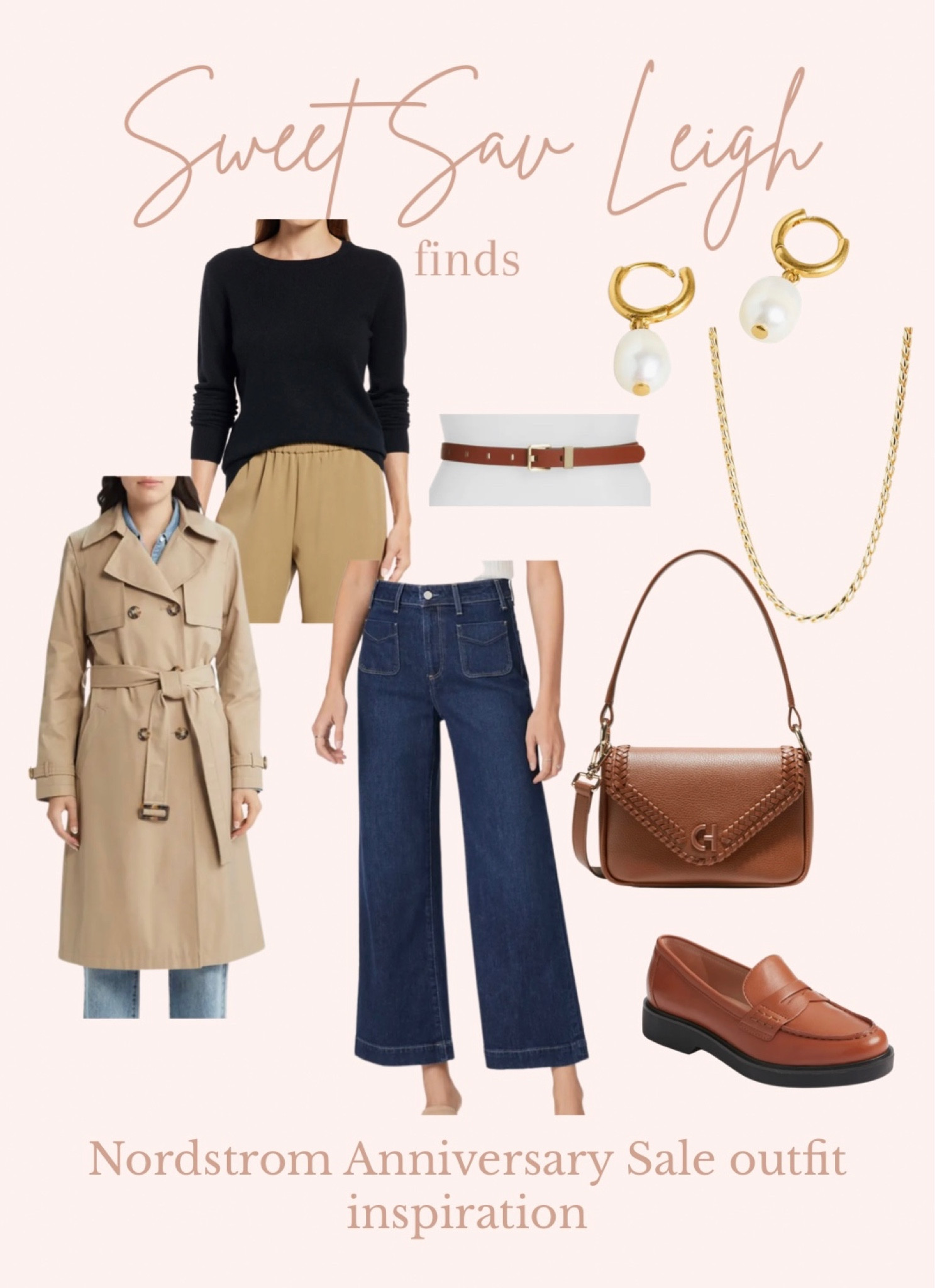 Nordstrom anniversary sale outfit inspo: trench coat, wide leg jeans, cropped jeans, cashmere sweater, black sweater, brown loafers, penny loafers, brown handbag 

#LTKxNSale #LTKFind #LTKSeasonal