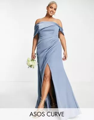 ASOS EDITION Curve satin bardot drape wrap maxi dress in dusky blue | ASOS (Global)