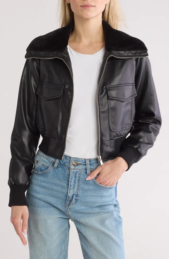 Vigoss Faux Fur Collared Faux Leather Dad Bomber Jacket | Nordstromrack | Nordstrom Rack