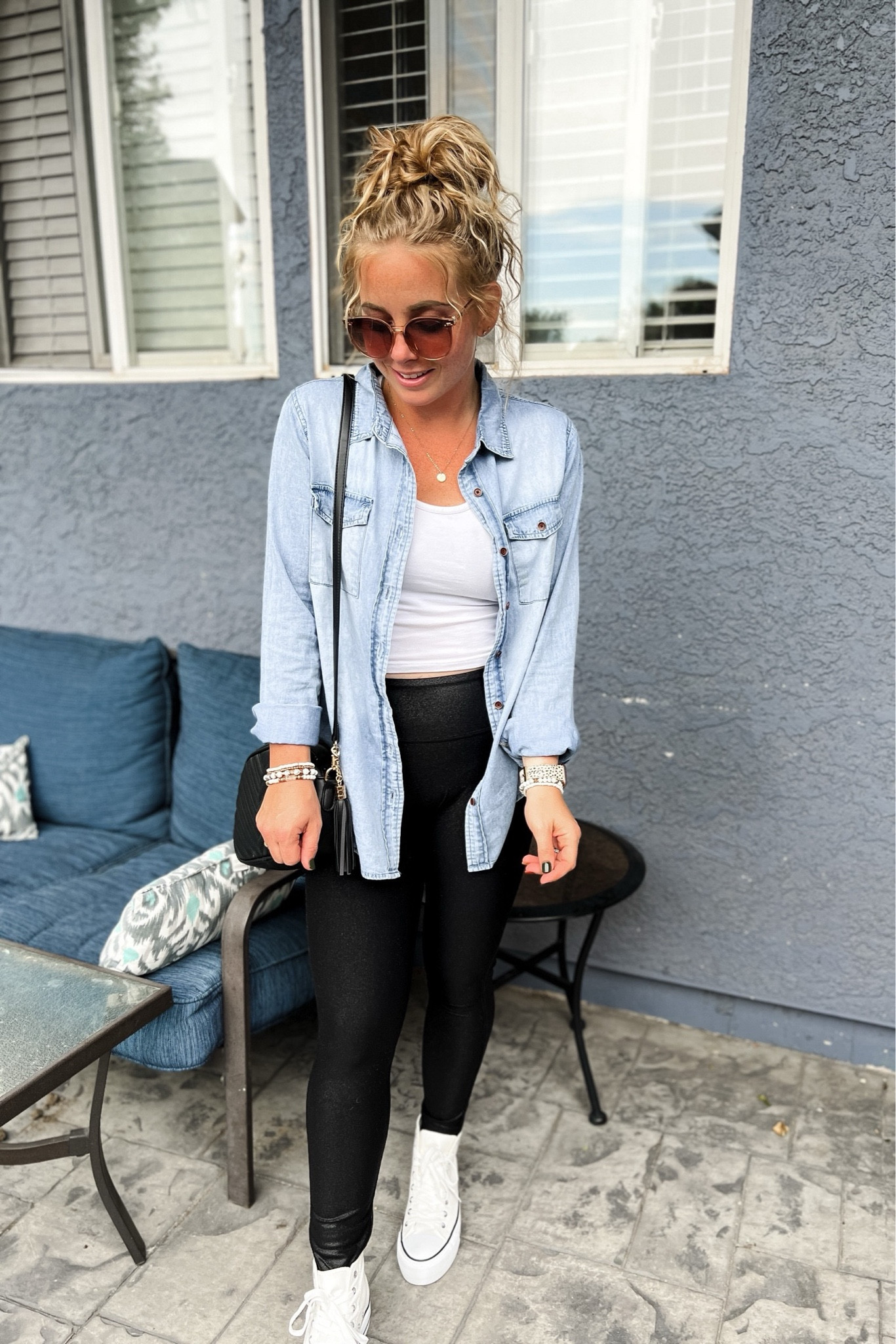 Casual outfit idea with a chambray button down shirt, white crop tank top, leggings, a black crossbody bag, and hightop converse sneakers.  Everything fits TTS. 


// Summer outfits 2024,  petite Amazon fashion, casual mom outfit ideas, summer outfit amazon, Amazon outfit ideas, casual outfit ideas,  outfit inspo, casual fashion, amazon summer fashion, amazon casual outfit, cute casual outfit, outfit inspo, outfits amazon, outfit ideas, amazon shoes, Amazon bag, purse, size 4-6, casual summer outfits, casual outfit ideas everyday, summer tops, summer fashion, summer bag #summeroutfits  #fall #fall2024 

#LTKFindsUnder50 #LTKStyleTip #LTKSaleAlert